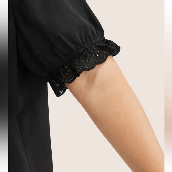 BloomChic Plus Size 2XL Solid Lace Trim Button Up Laser Cut Puff Sleeve Blouse - Picture 5 of 6